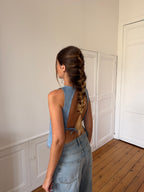 Top dos nu upcyclé denim et franges - XS