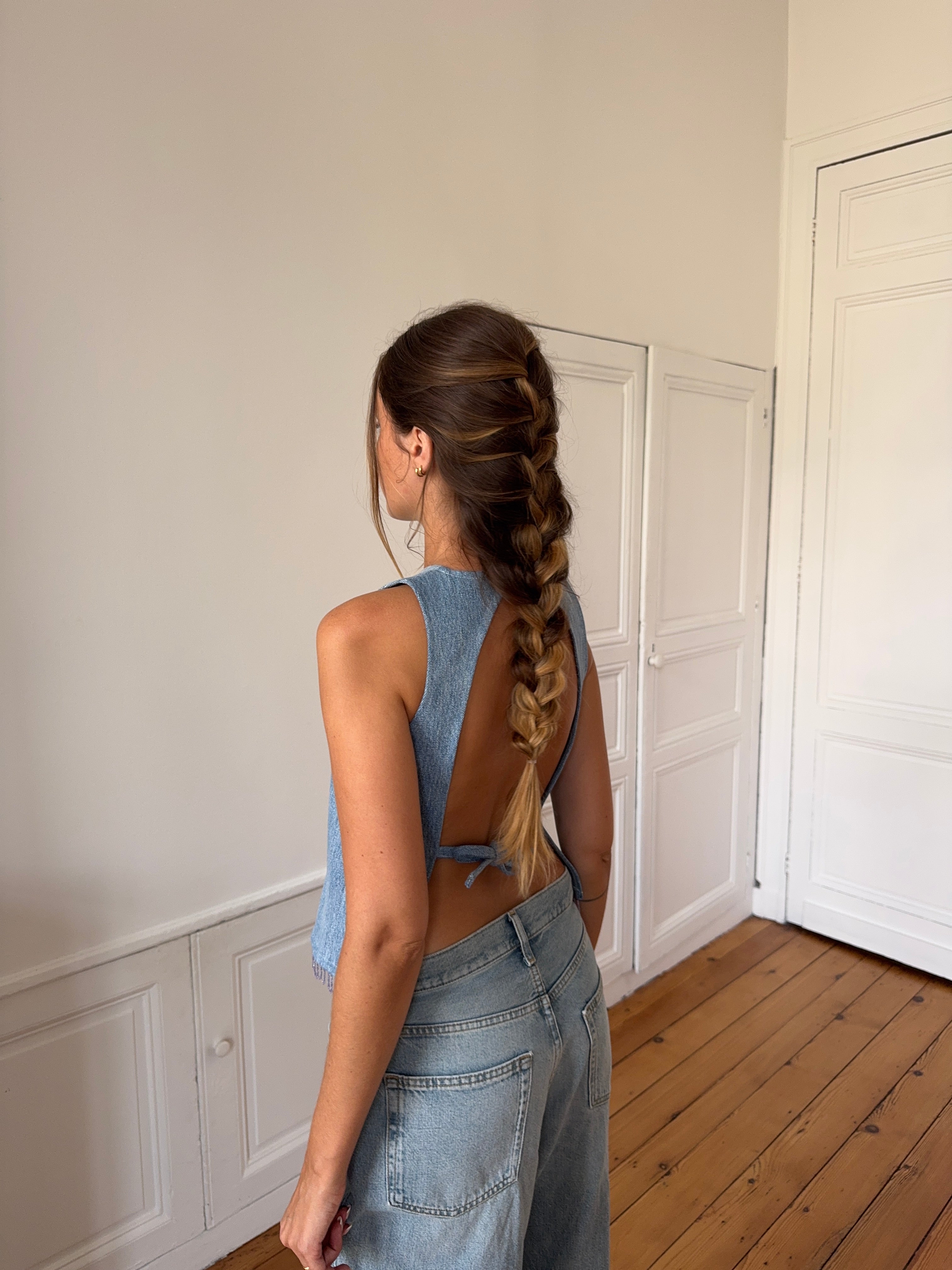 Top dos nu upcyclé denim et franges - XS