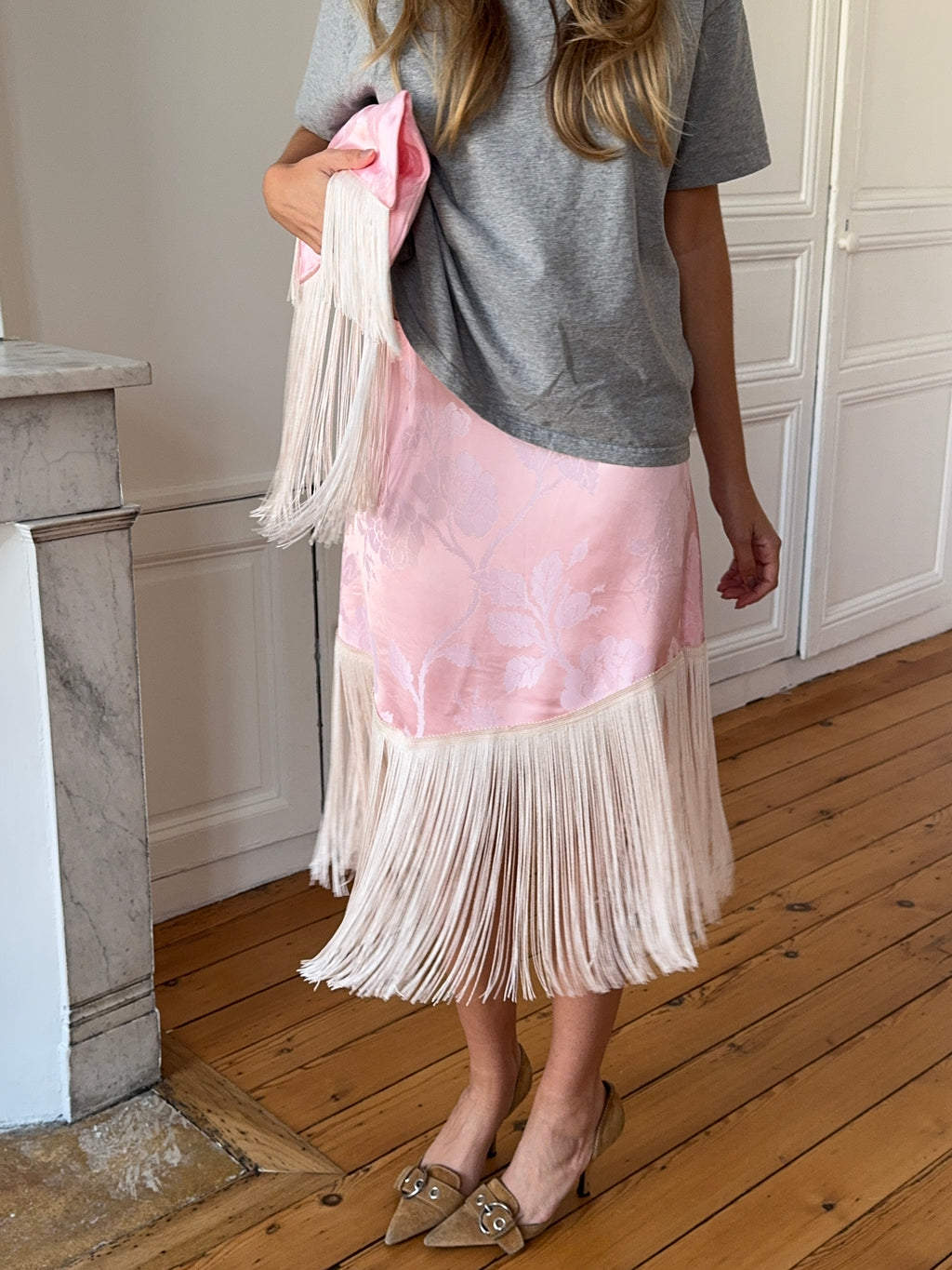 Copper satin upcycled skirt with fringe