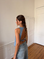 Top dos nu upcyclé denim et franges - XS