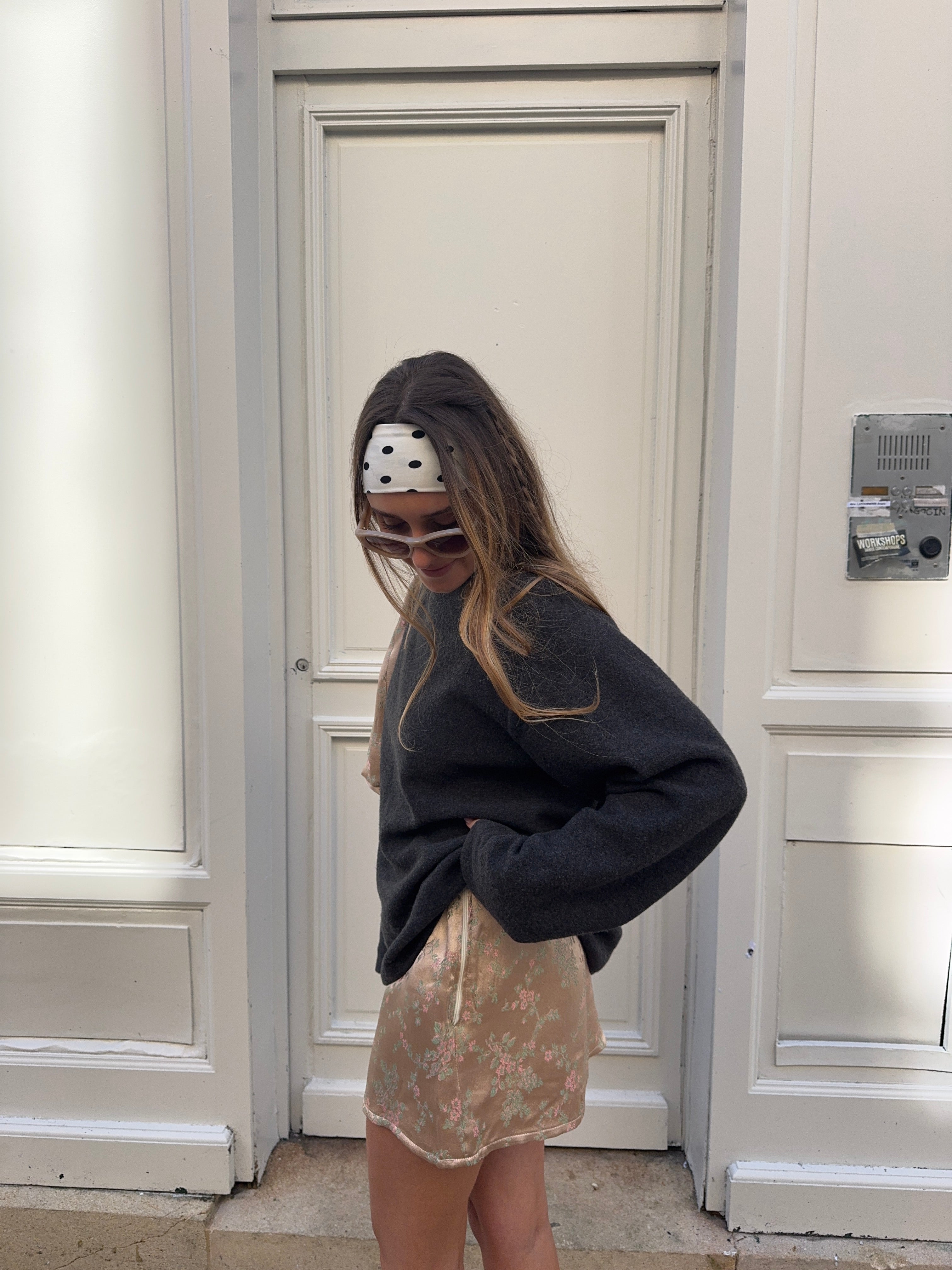 Jupe upcyclée satinée cuivrée à motifs vintage