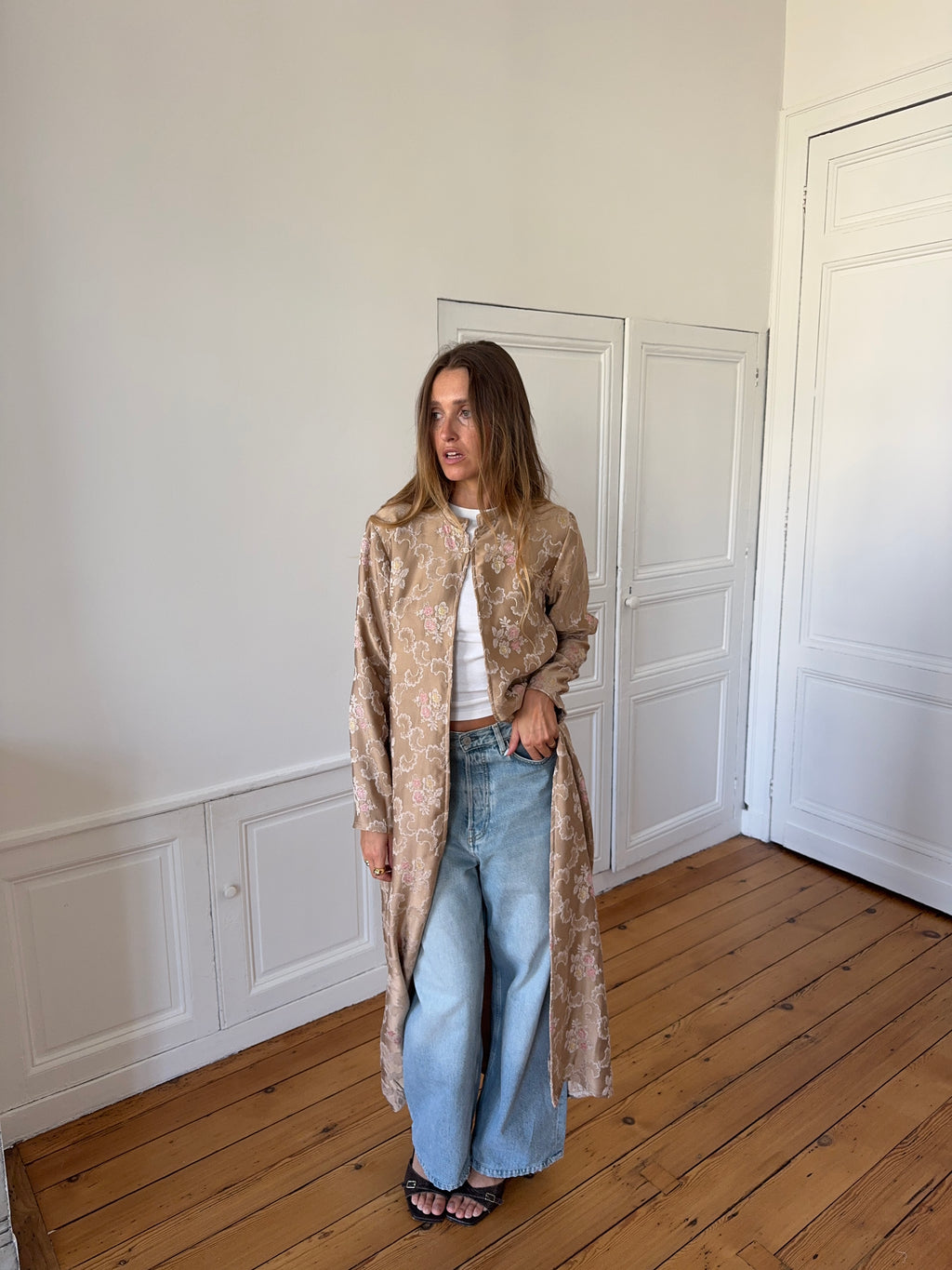Veste longue upcyclée satinée marron clair - S