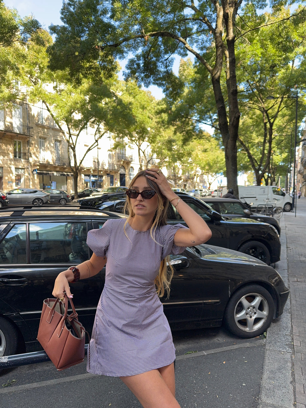 Robe manches ballon vichy bordeaux