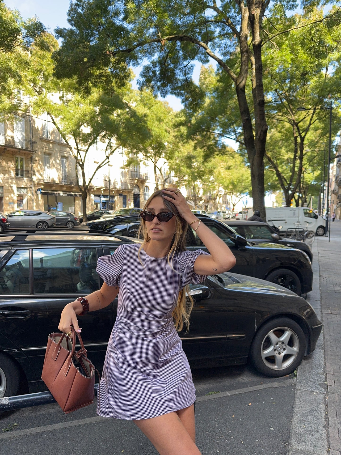Robe manches ballon vichy bordeaux