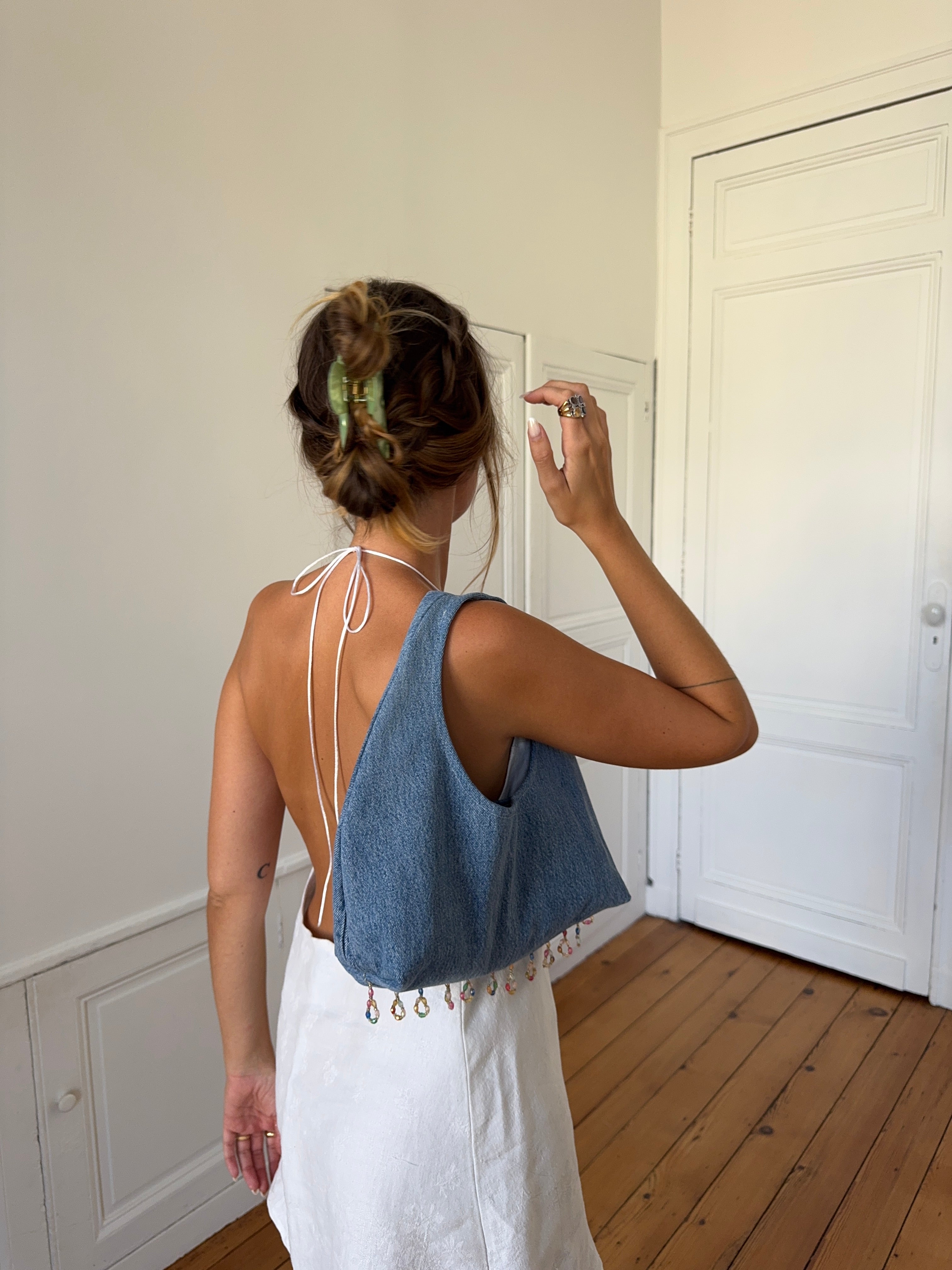 Sac upcyclé denim et perles