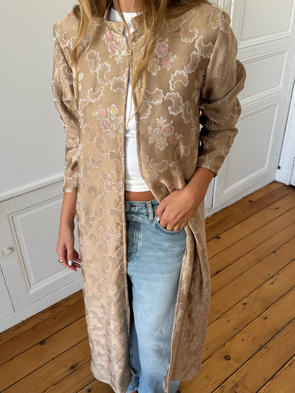 Veste longue upcyclée satinée marron clair - S
