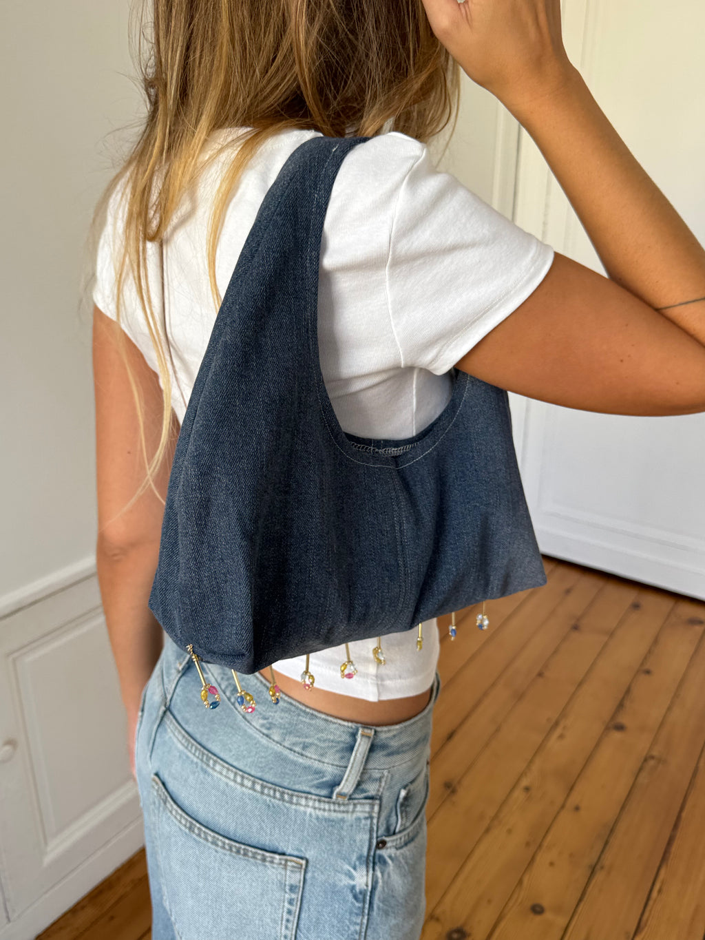Sac upcyclé denim et perles