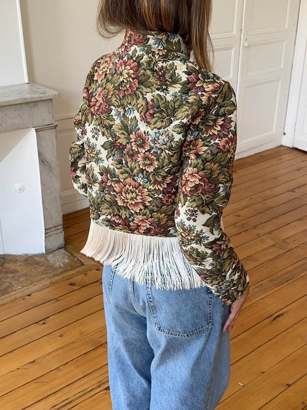 Upcycled patterned cropped jacket with fringe
