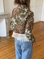 Upcycled patterned cropped jacket with fringe