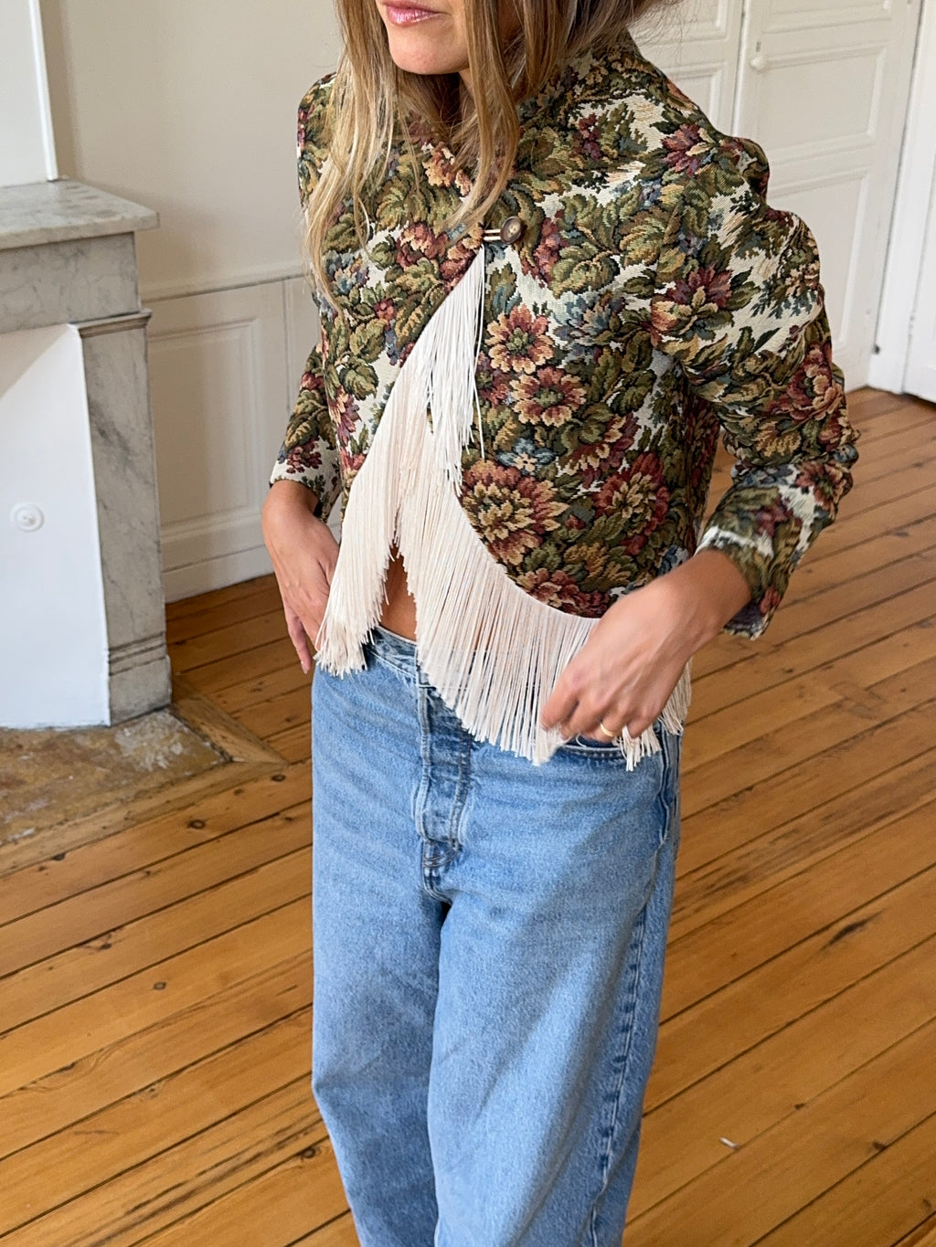 Upcycled patterned cropped jacket with fringe