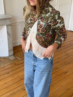 Upcycled patterned cropped jacket with fringe