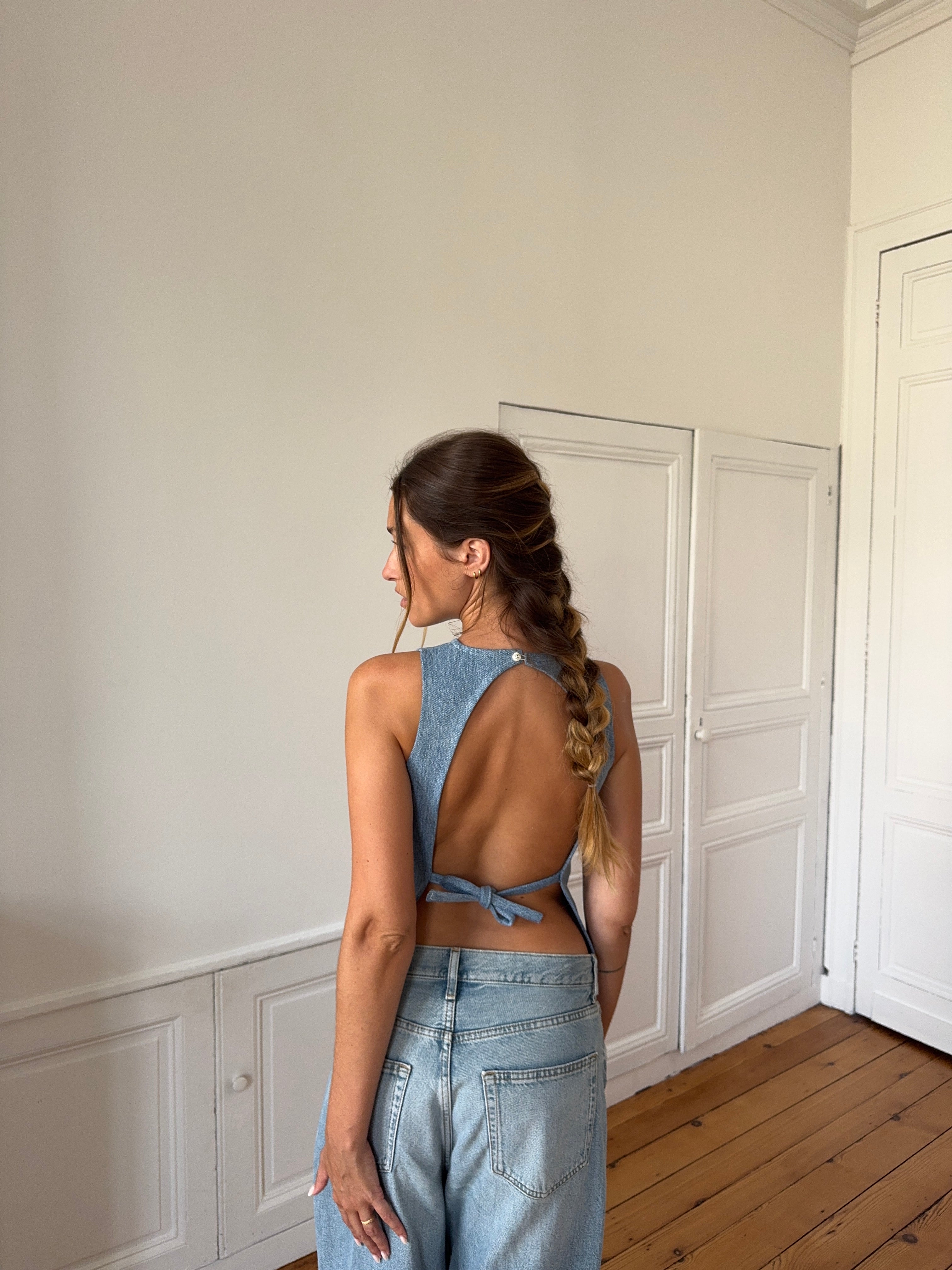 Top dos nu upcyclé denim et franges - XS