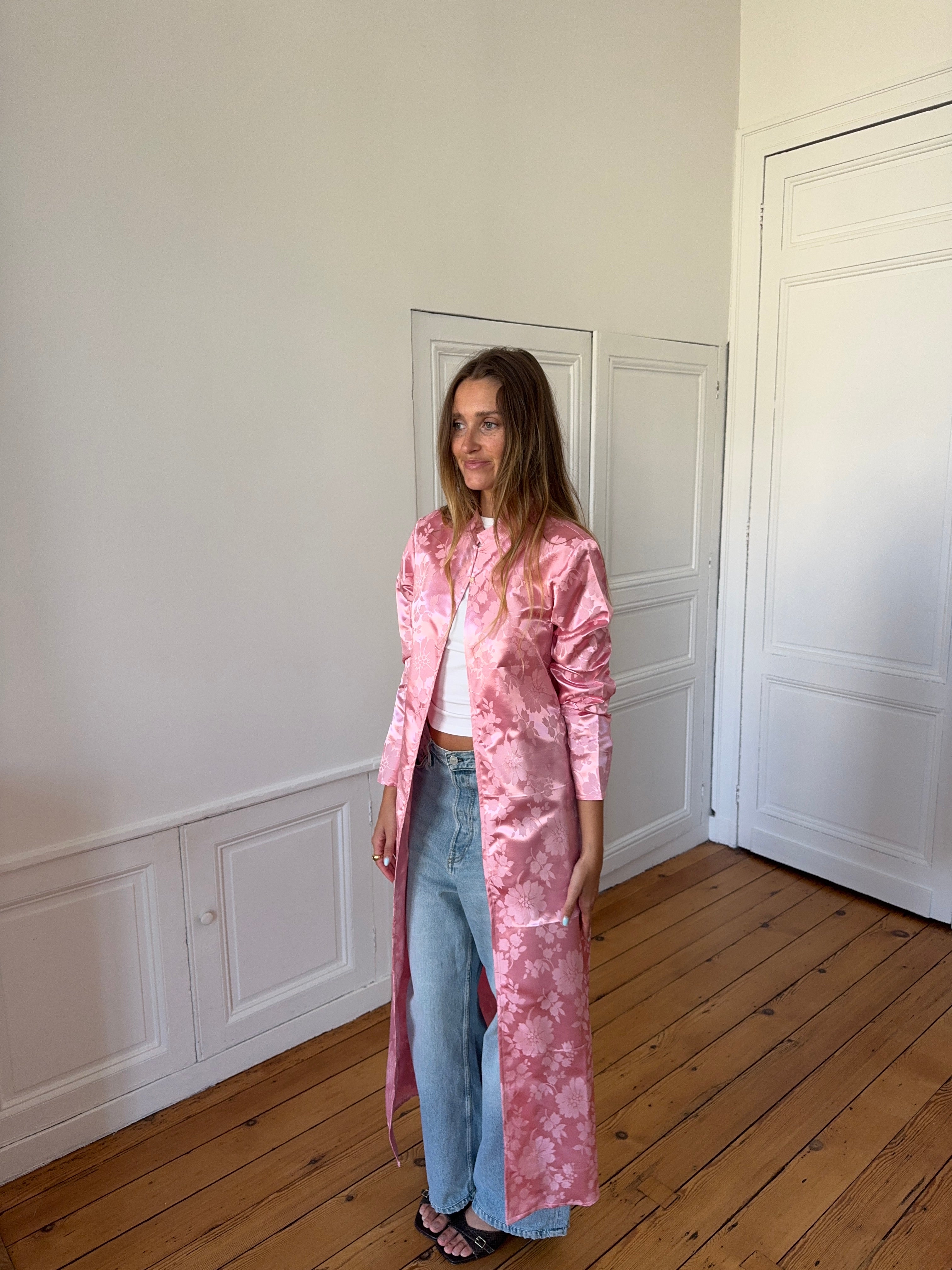 Veste longue upcyclée satinée rose - M