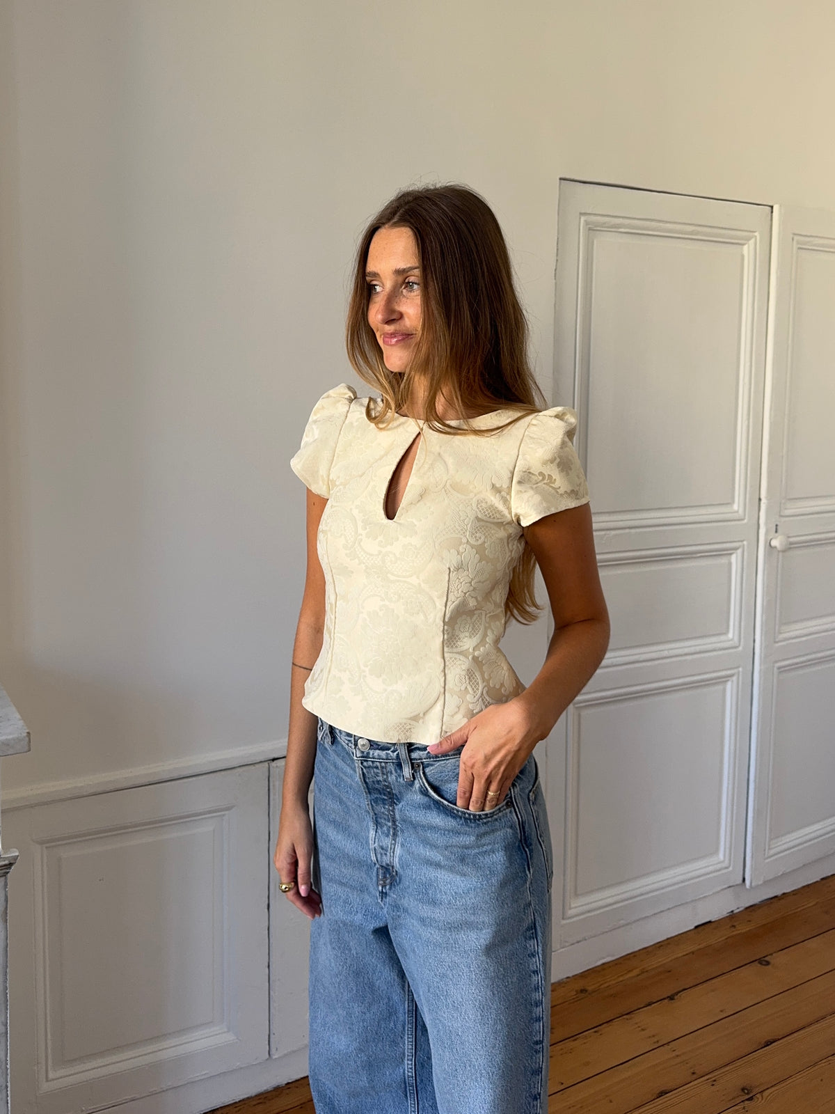 Top dos nu upcyclé satiné crème - S
