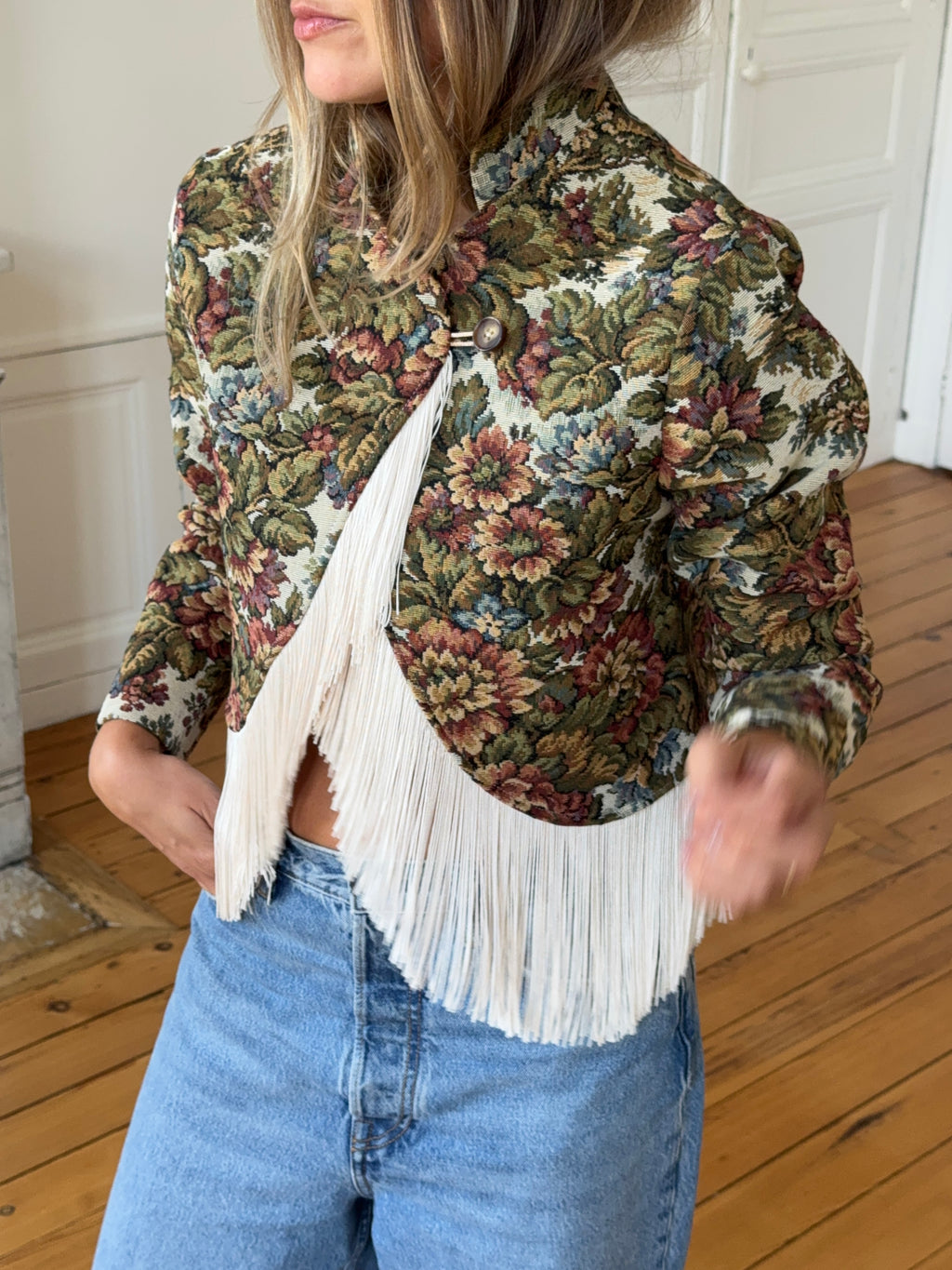 Upcycled patterned cropped jacket with fringe