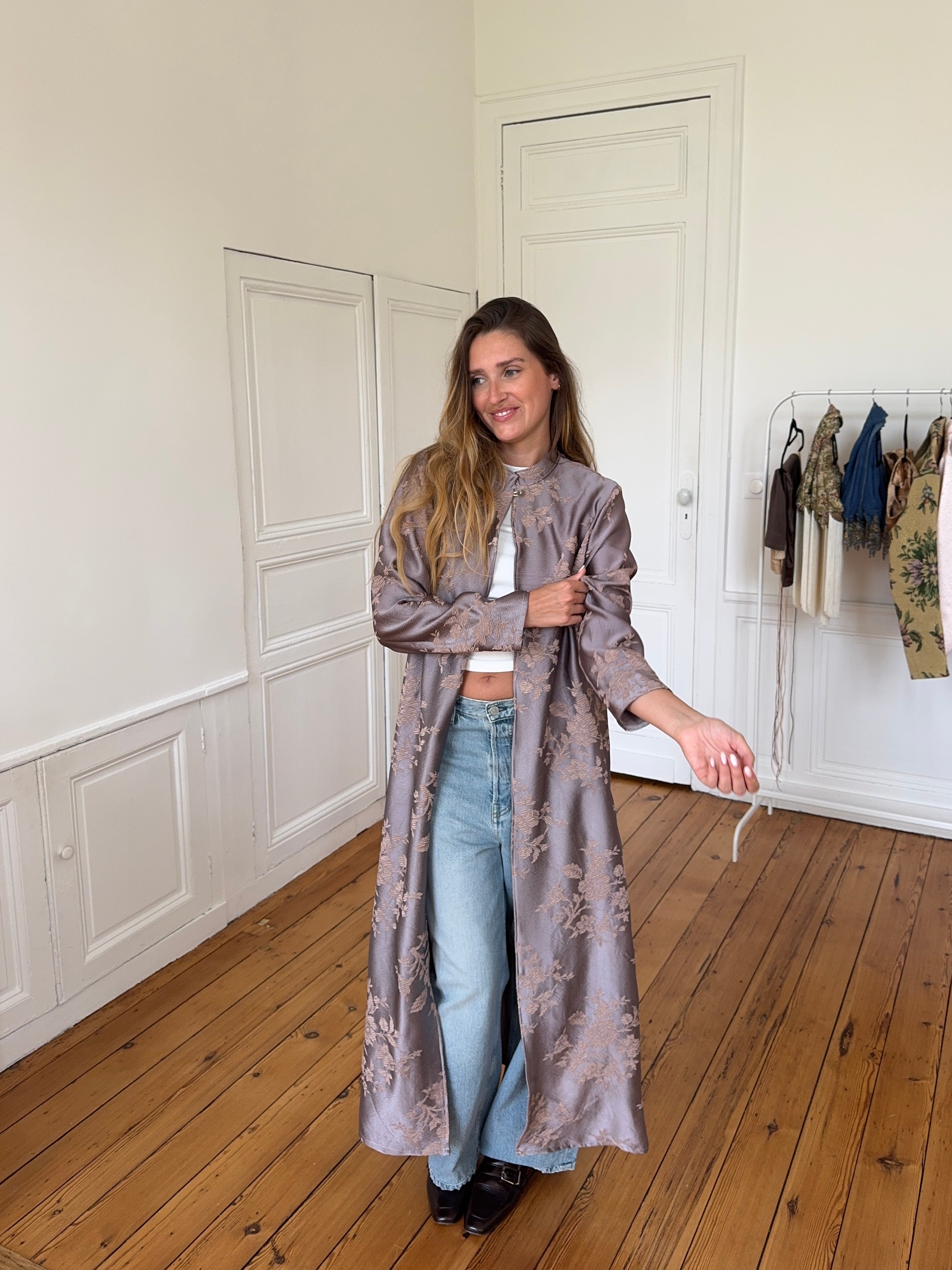 Veste longue upcyclée satinée - M