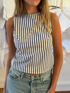 Top dos nu upcyclé blanc à rayures bleues - M