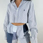 Ensemble upcyclé blanc à rayures bleues et patchwork