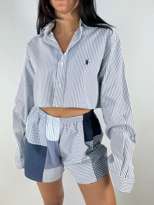 Ensemble upcyclé blanc à rayures bleues et patchwork
