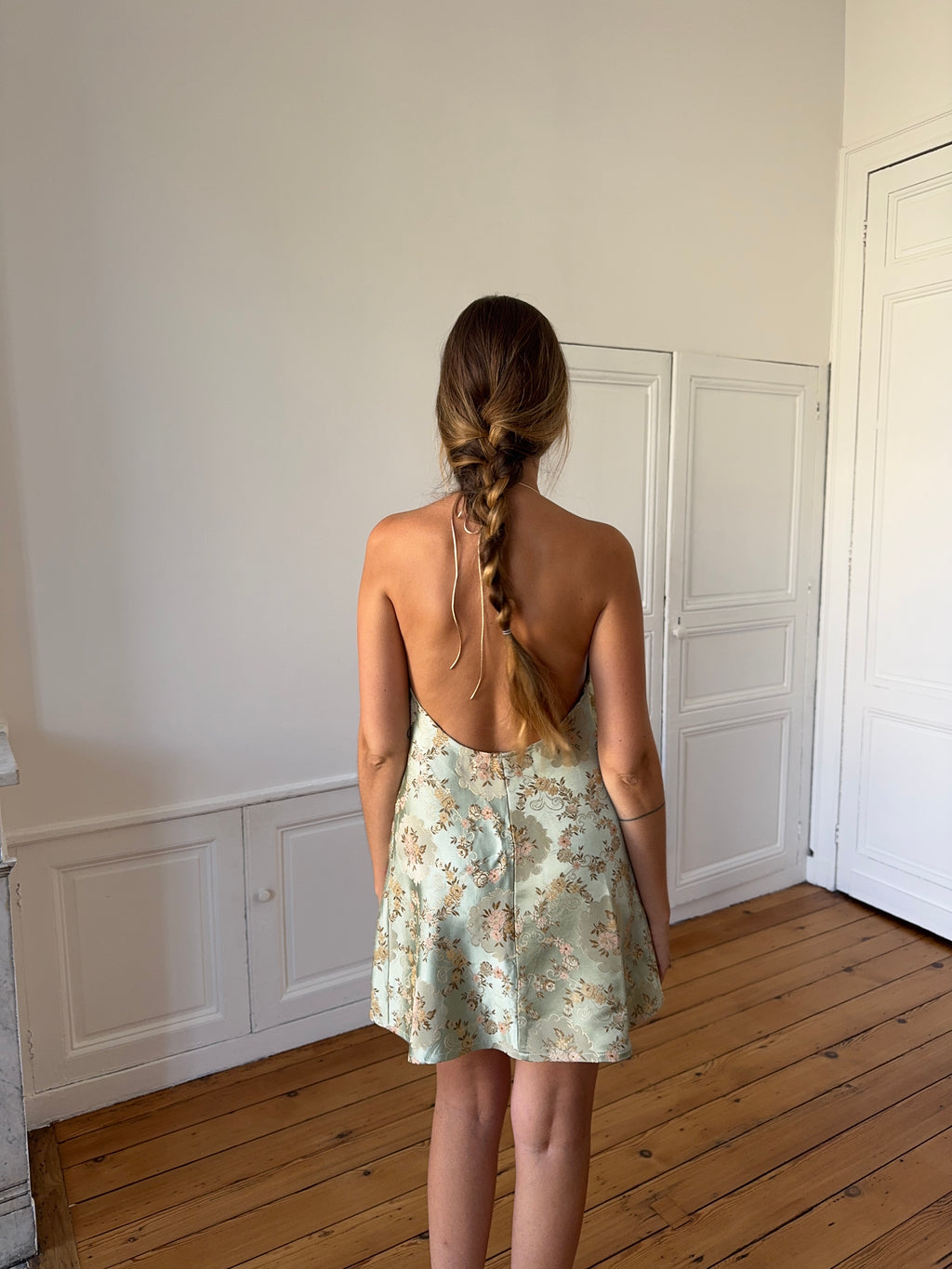 Robe dos nu upcyclée satinée verte - XS/S