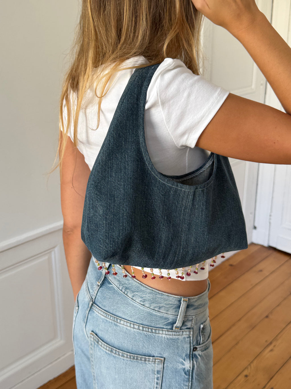 Sac upcyclé denim et perles