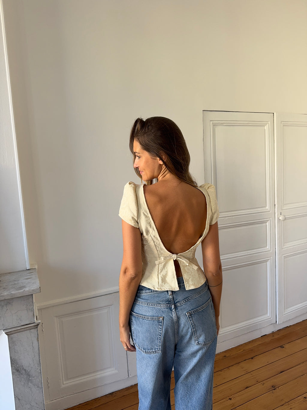 Top dos nu upcyclé satiné crème - S