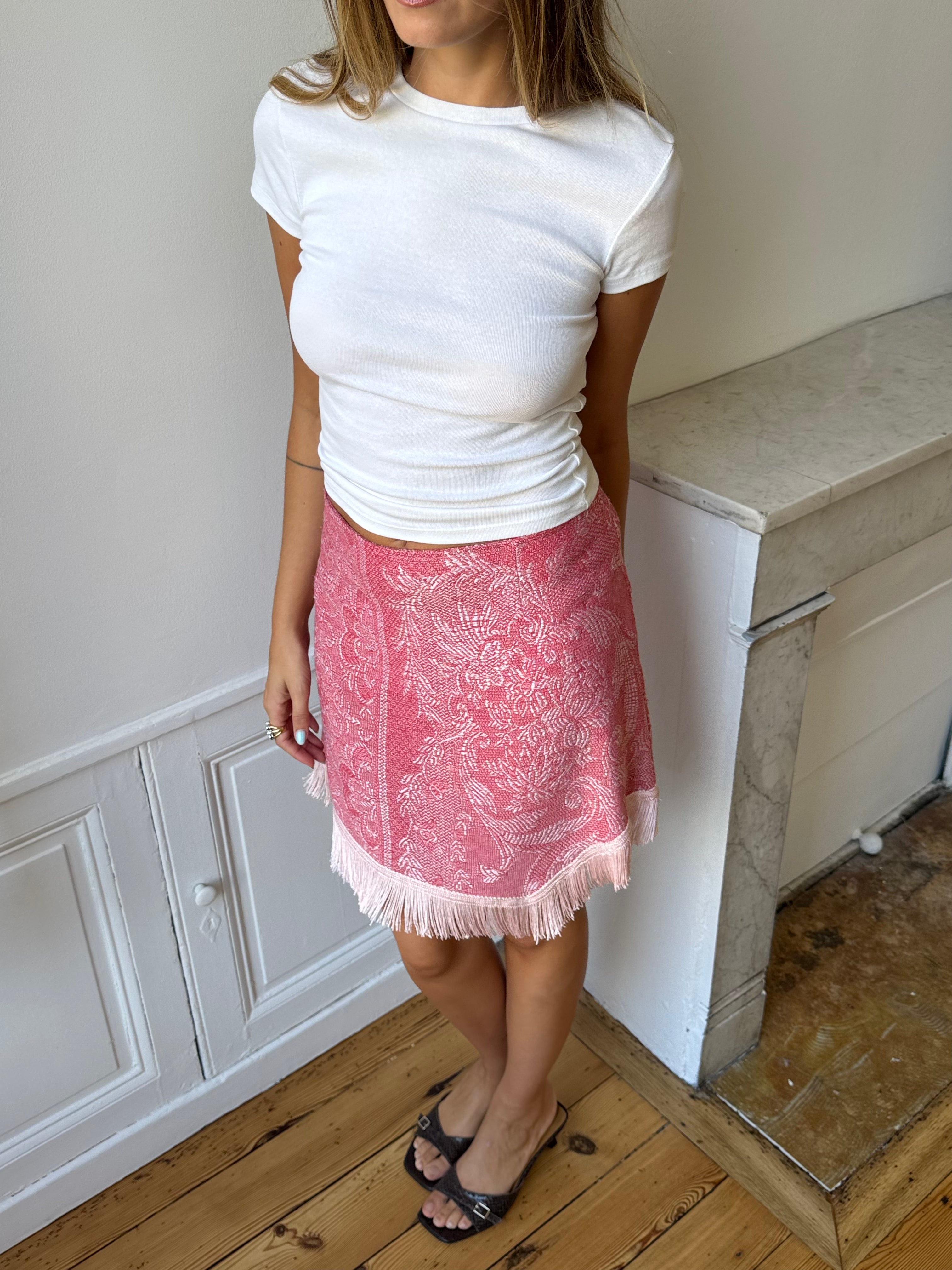 Jupe upcyclée framboise et franges