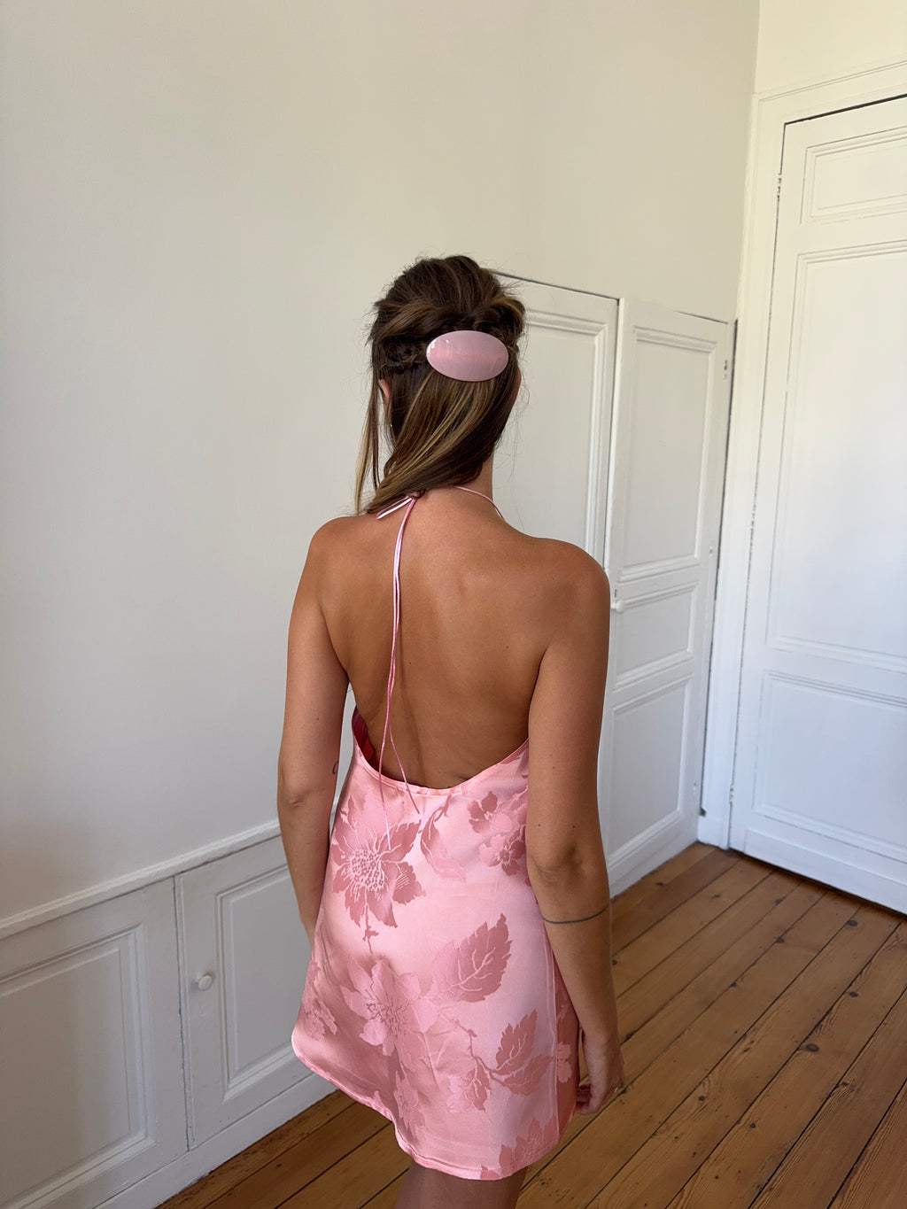 Robe dos nu upcyclée satinée rose - XS/S