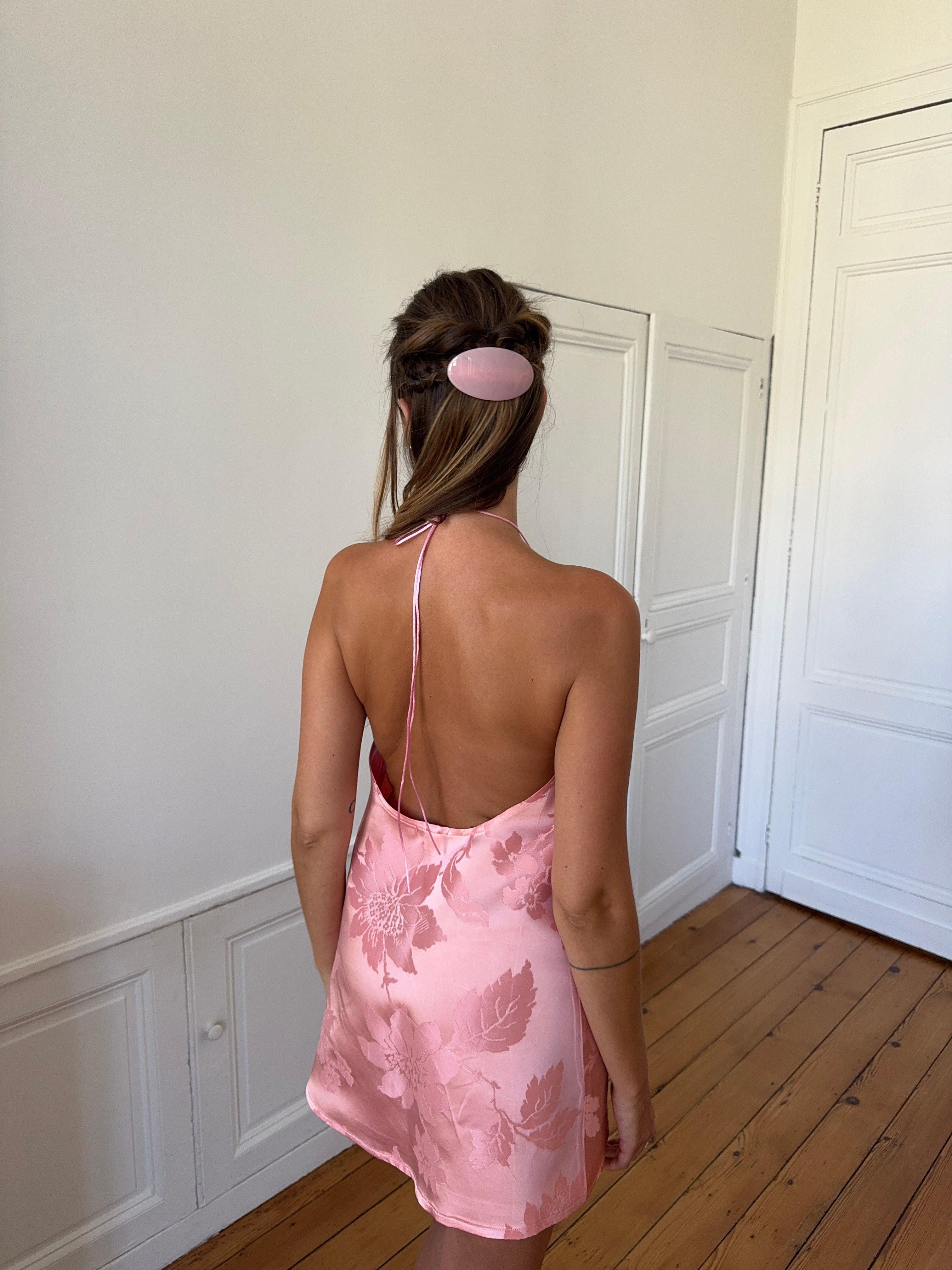 Robe dos nu upcyclée satinée rose - XS/S