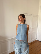 Top dos nu upcyclé denim et franges - XS