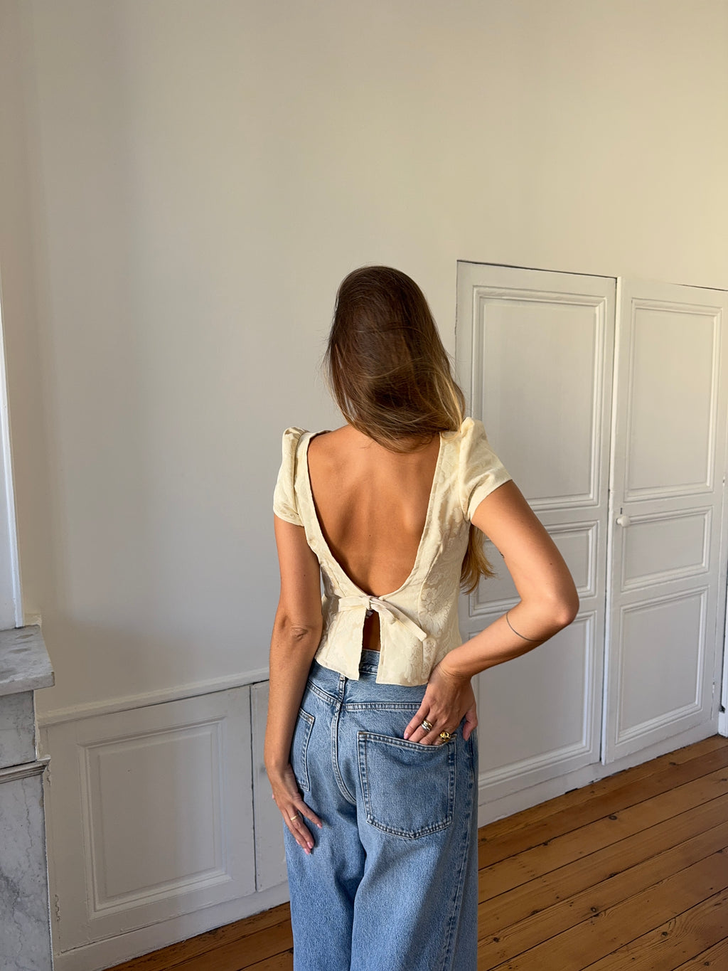 Top dos nu upcyclé satiné crème - S