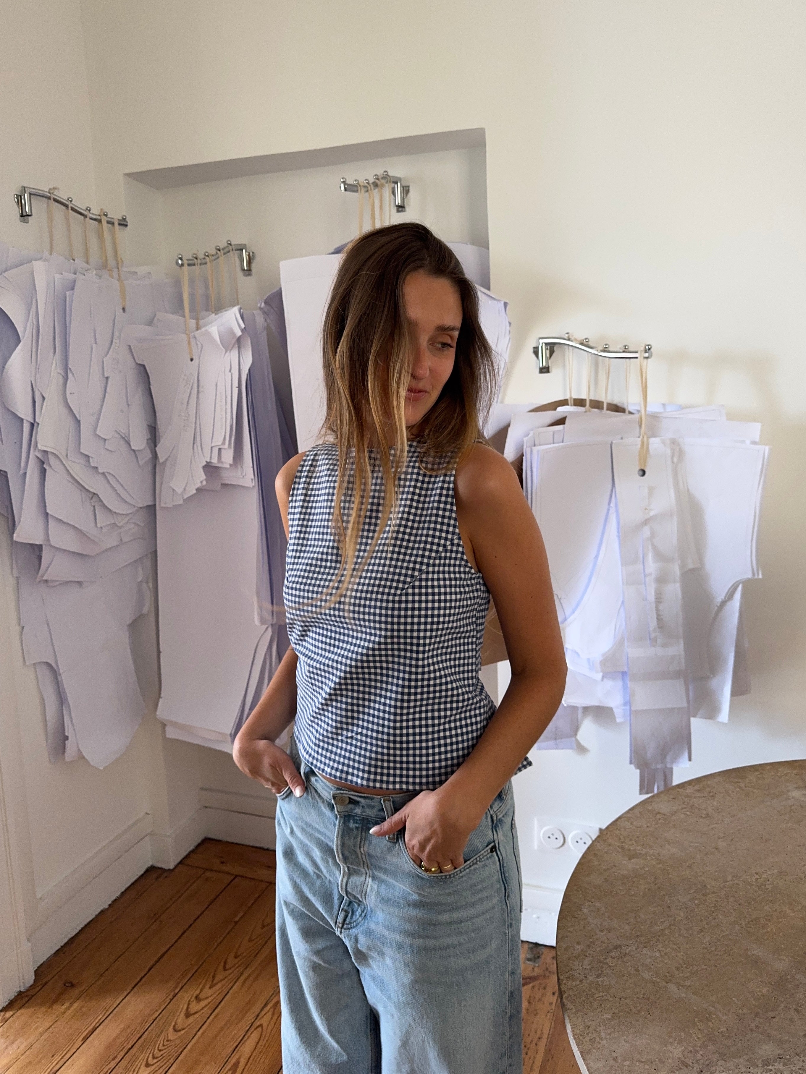 Top dos nu upcyclé vichy bleu foncé