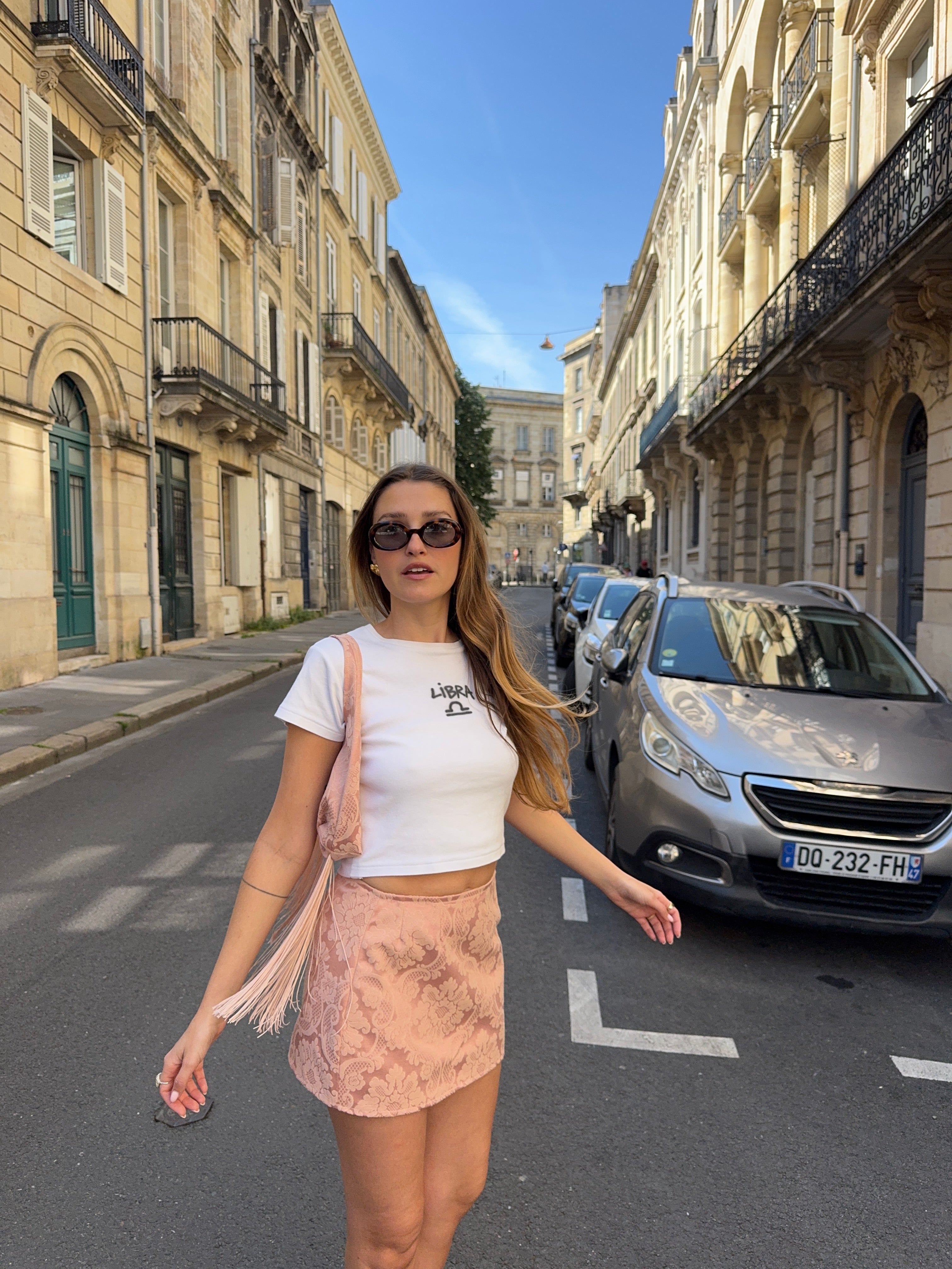 Jupe upcyclée rose à motifs vintage