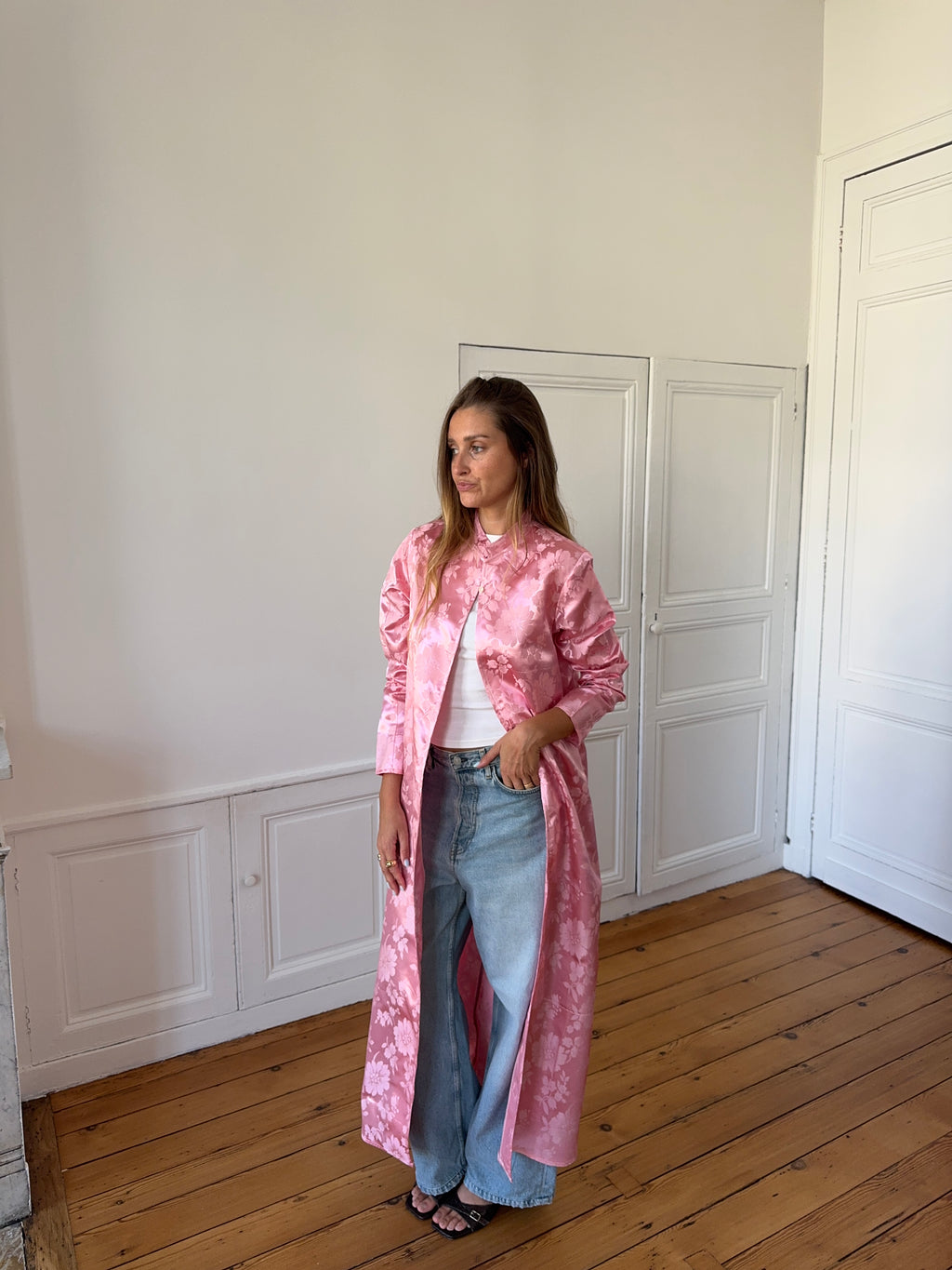Veste longue upcyclée satinée rose - M