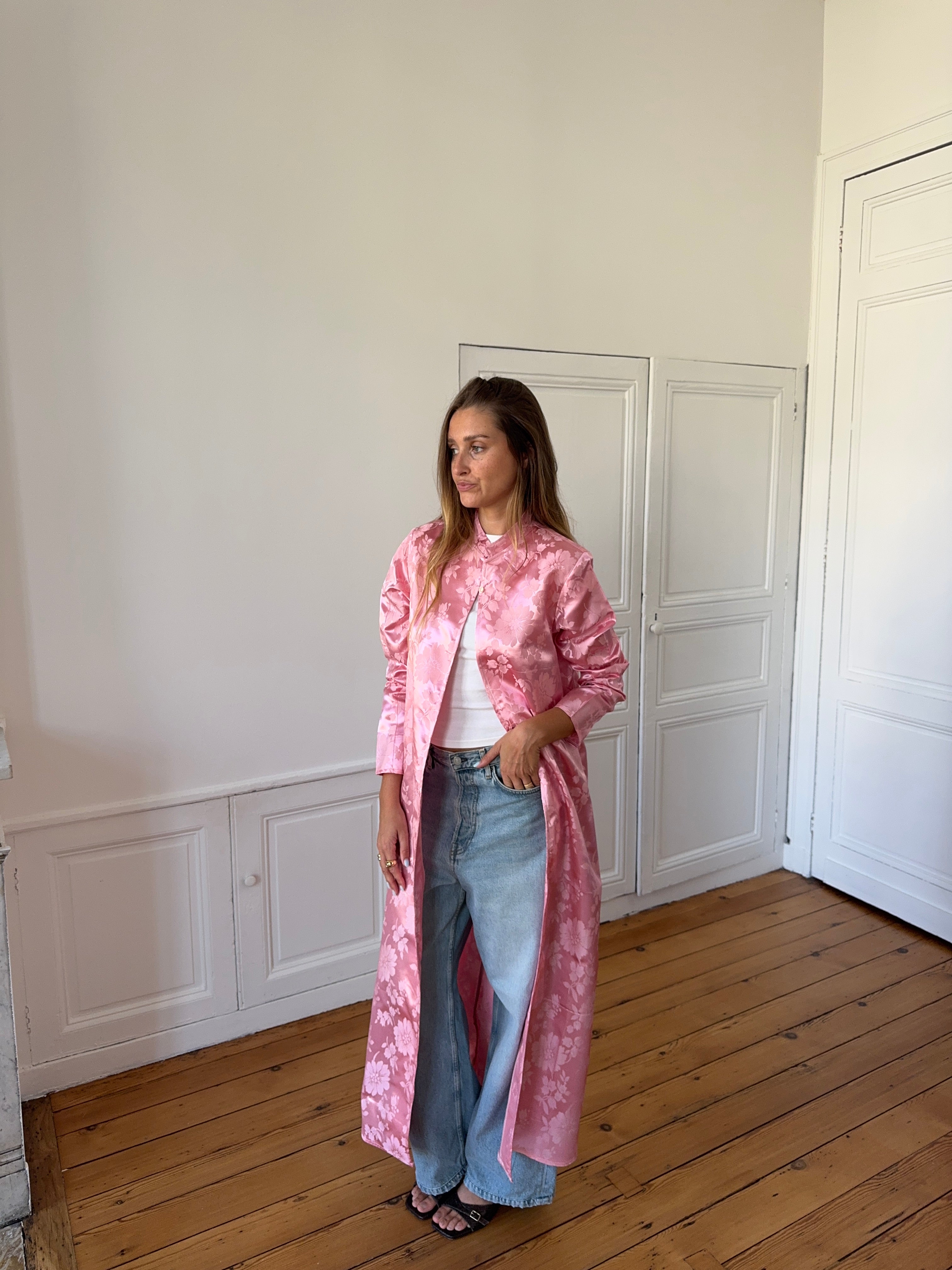 Veste longue upcyclée satinée rose - M
