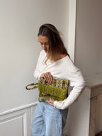 Cream satin upcycled pouch with fringe