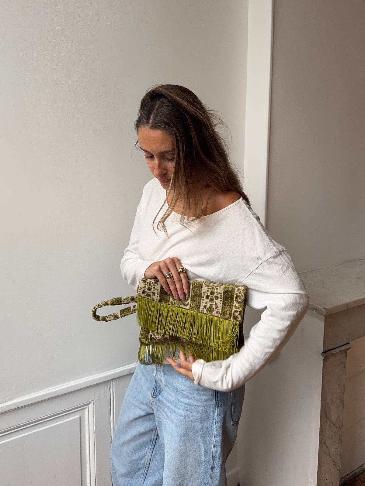 Cream satin upcycled pouch with fringe