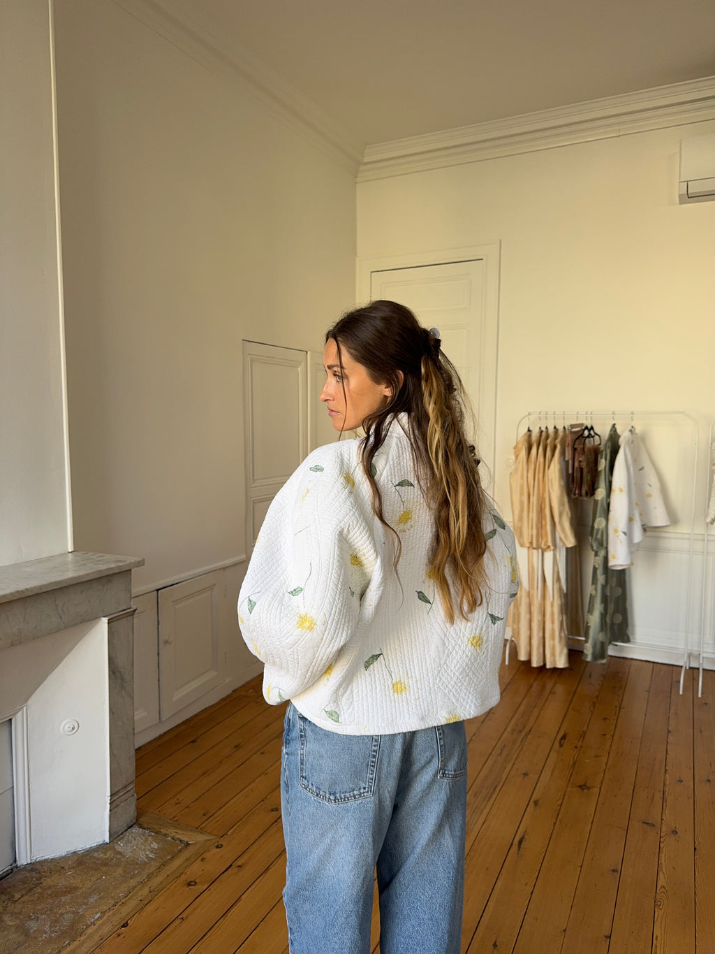 Ecru floral quilted upcycled jacket - Size 1