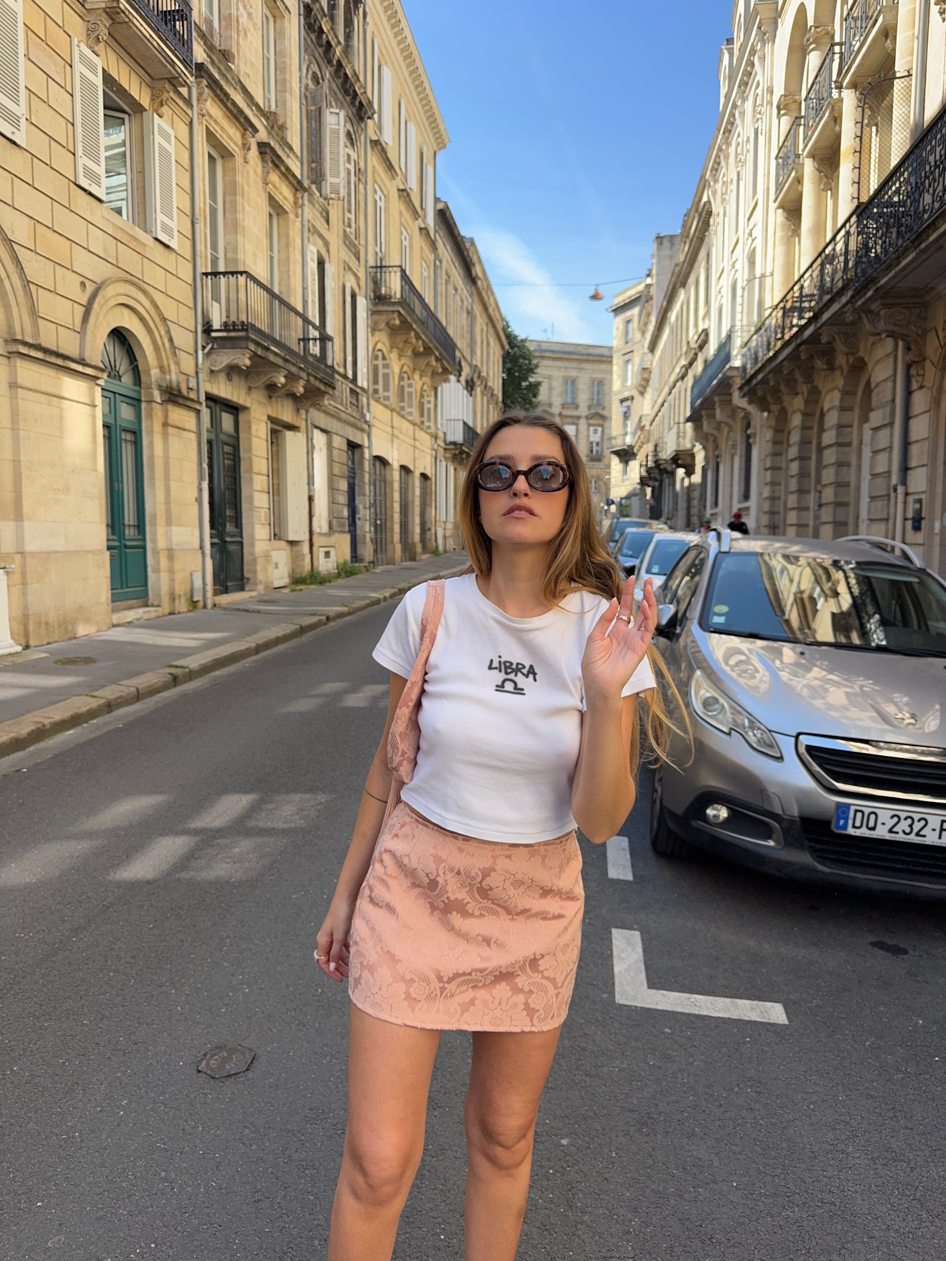 Jupe upcyclée rose à motifs vintage