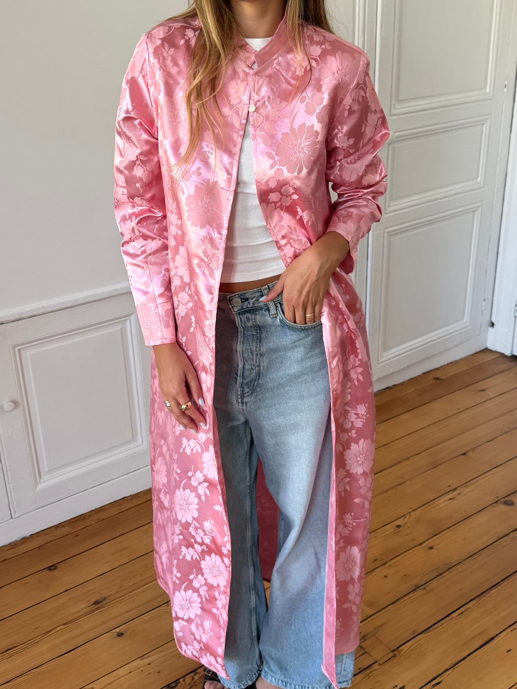 Veste longue upcyclée satinée rose - M