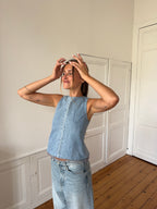 Top dos nu upcyclé denim et franges - XS