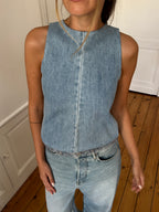 Top dos nu upcyclé denim et franges - XS