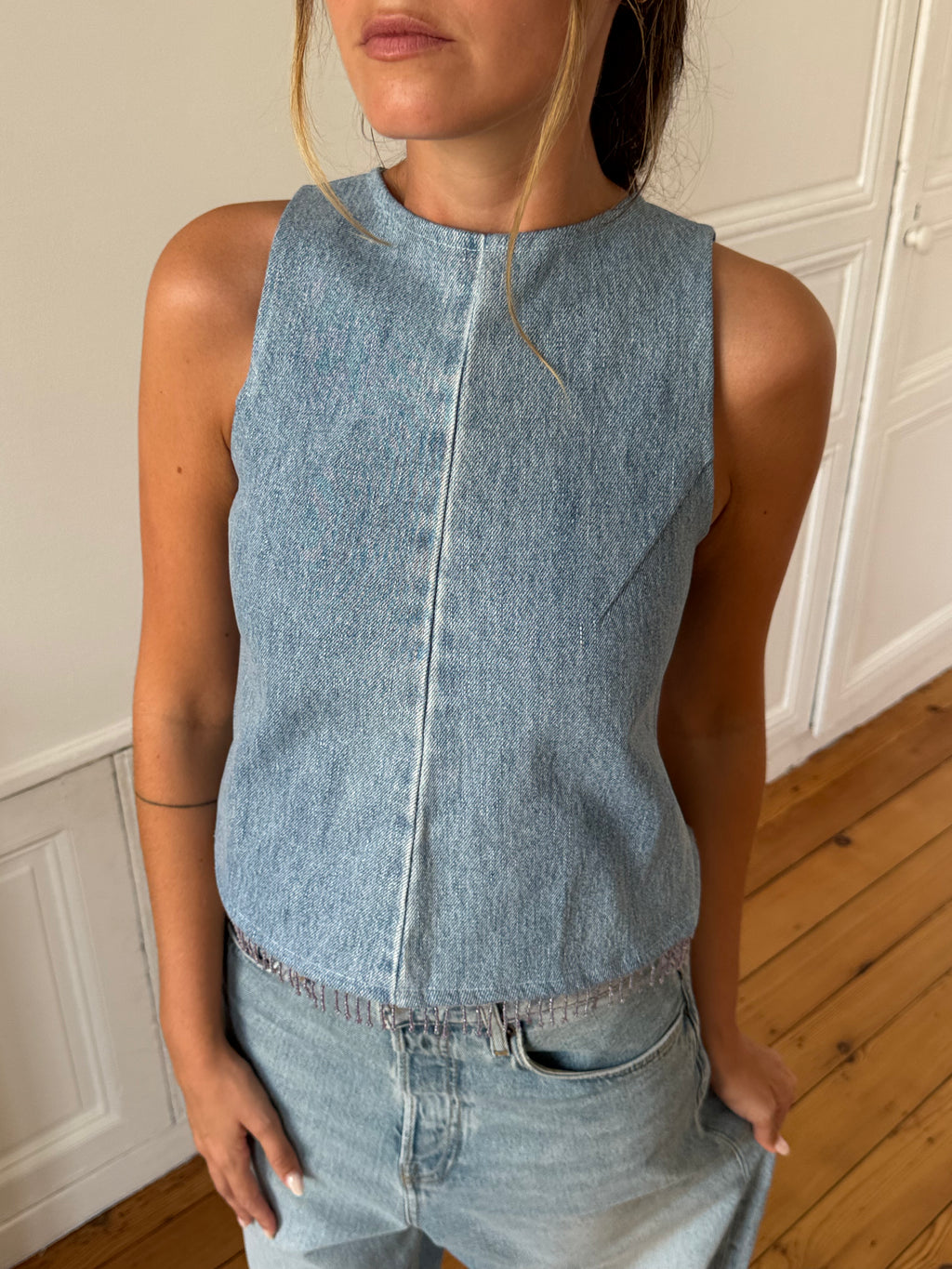 Top dos nu upcyclé denim et franges - XS
