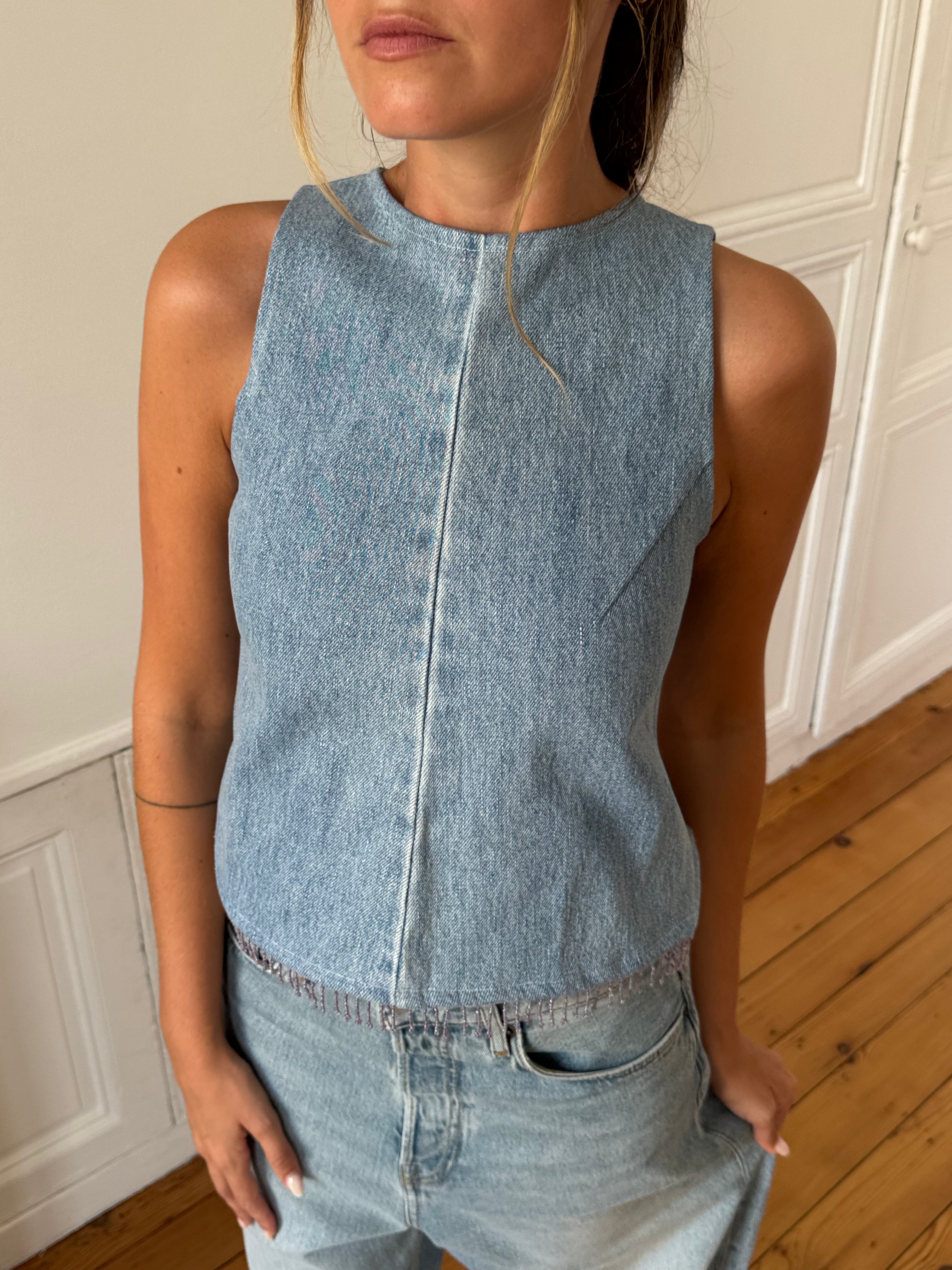 Top dos nu upcyclé denim et franges - XS