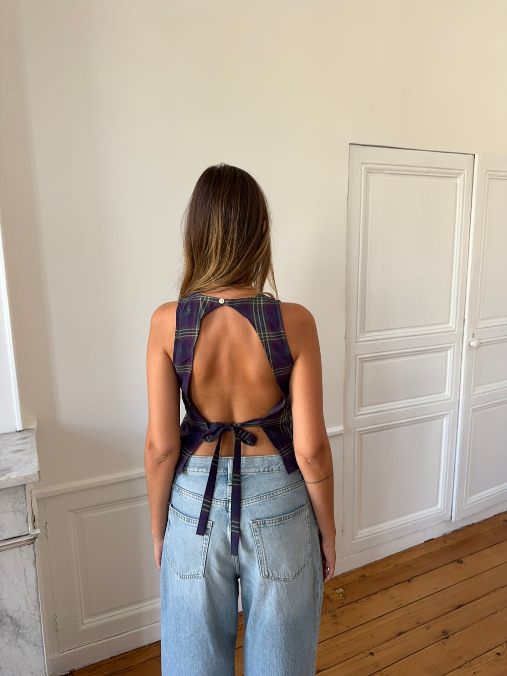 Top dos nu upcyclé à carreaux - S