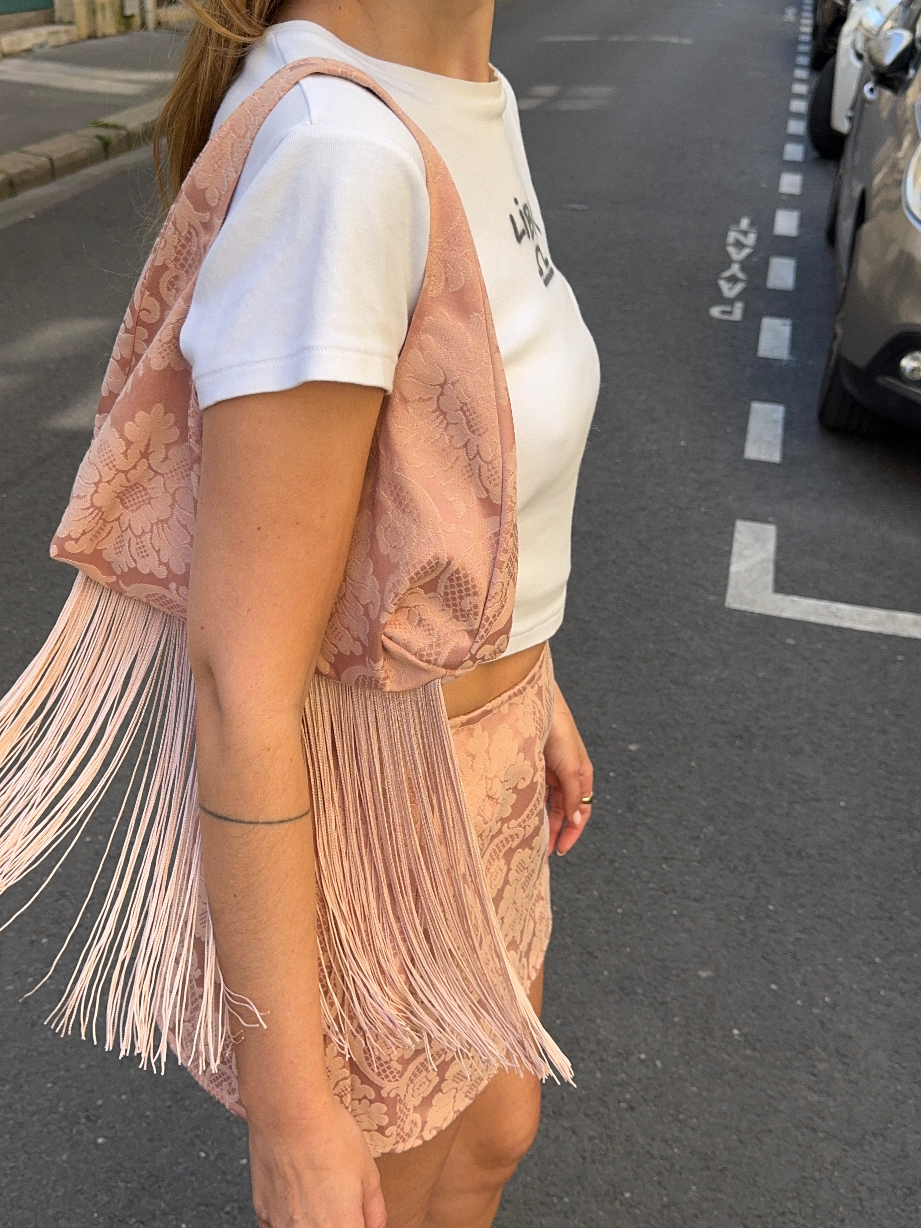 Jupe upcyclée rose à motifs vintage