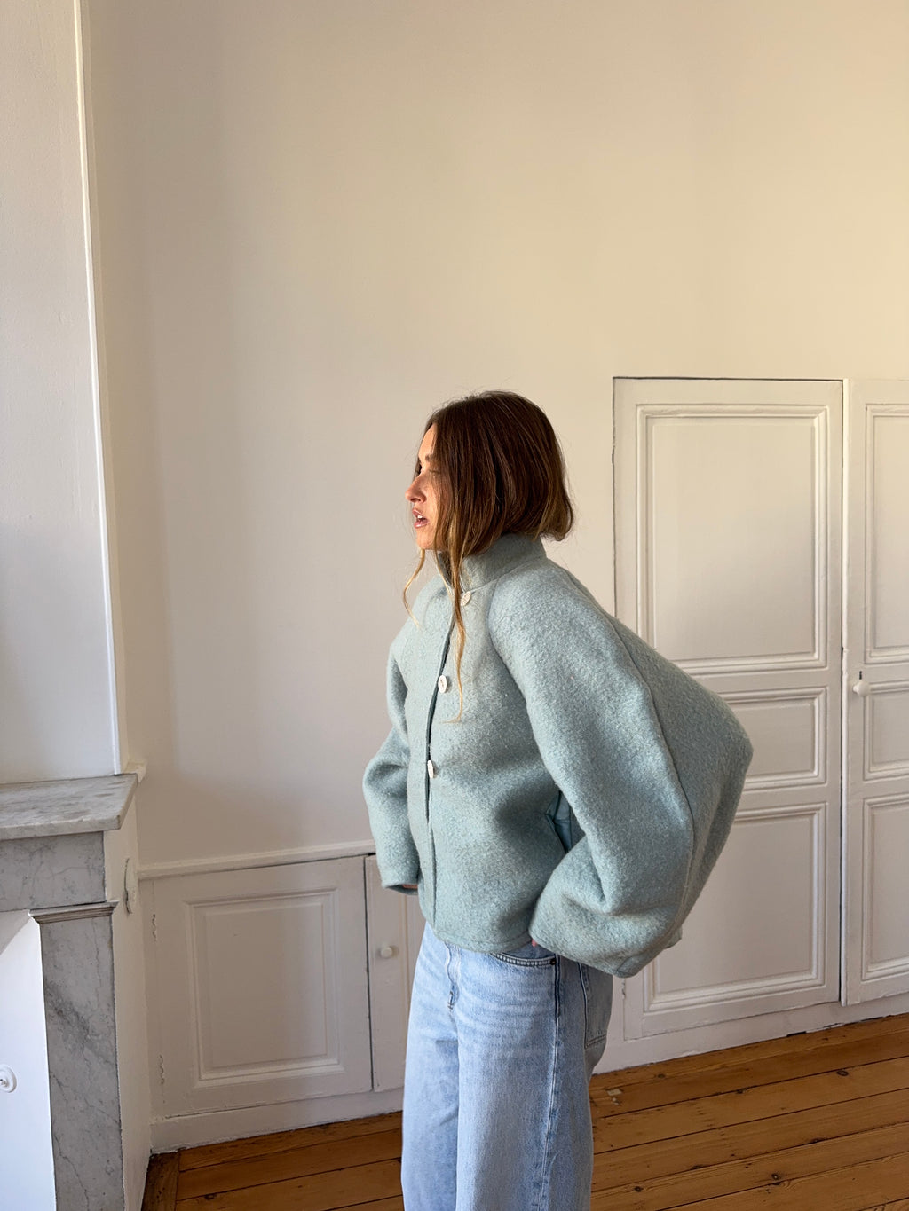 Veste upcyclée laine bleue - T1