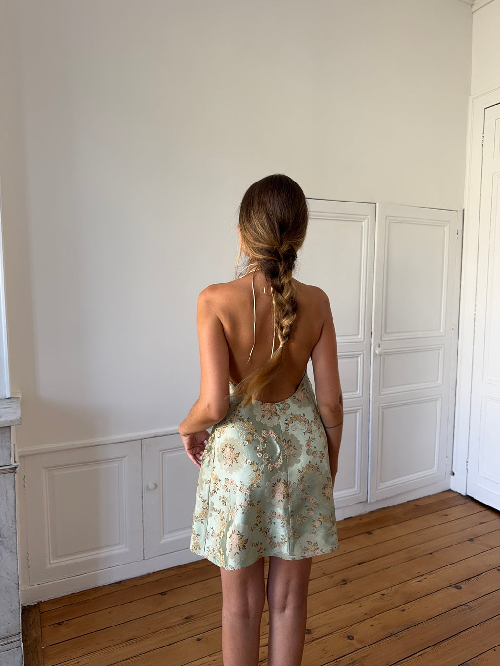 Robe dos nu upcyclée satinée verte - XS/S