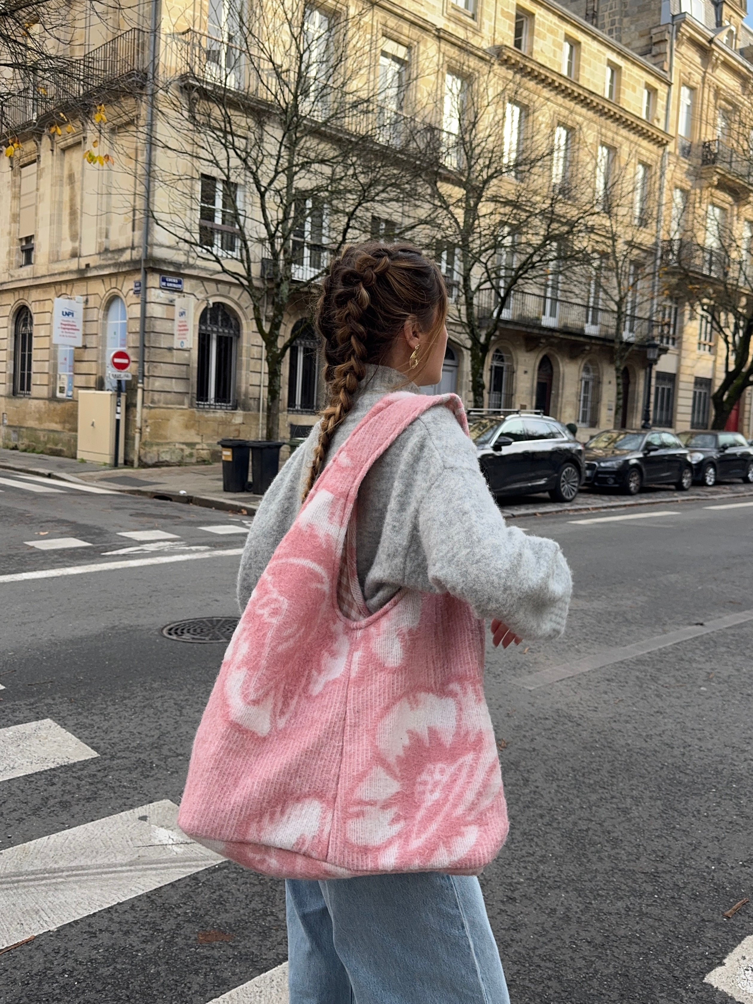 Sac upcyclé laine rose à motifs vintage - grand