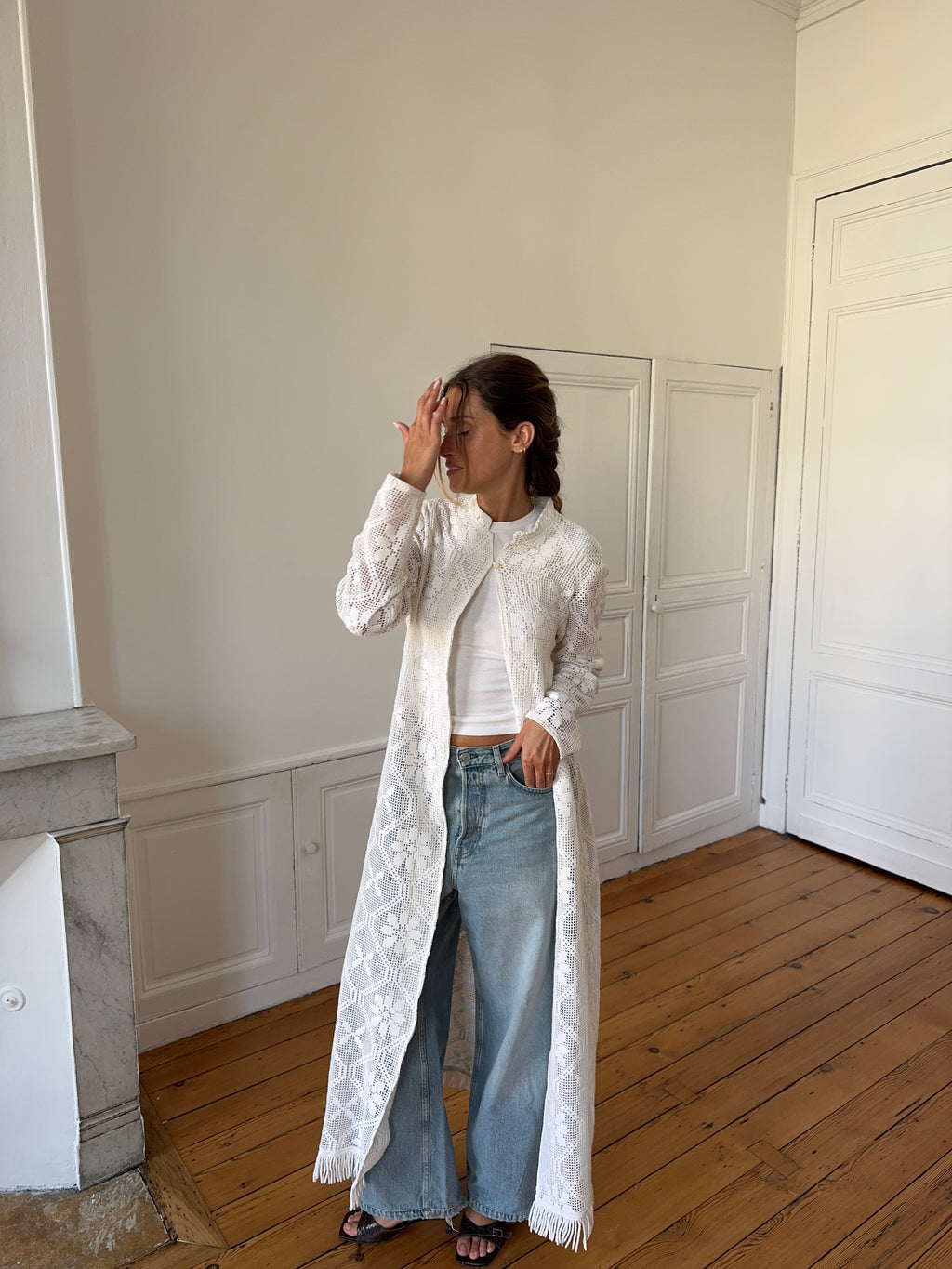 Veste longue upcyclée blanche et franges - S